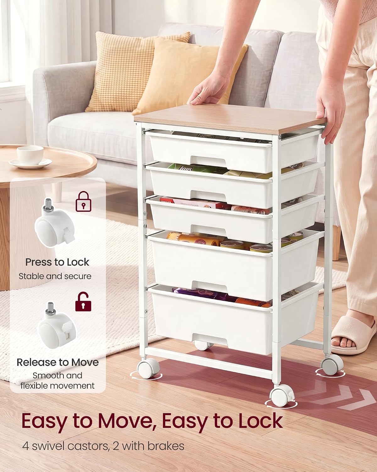 VASAGLE Rolling Cart with Drawers,5 Drawers Storage Cart, White