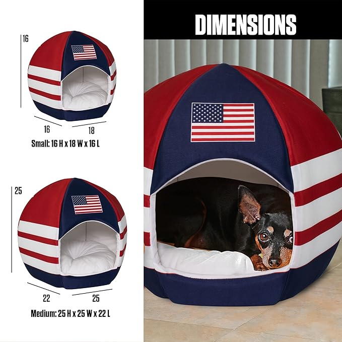 Maccabi Art US Country Dog Bed - Sports Themed Pet Bed - Fits Small Dogs, Puppies, Cats - Pillow Insert with Plush Lined Interrior, Non-Slip Igloo Design - 16 x 18 x 16