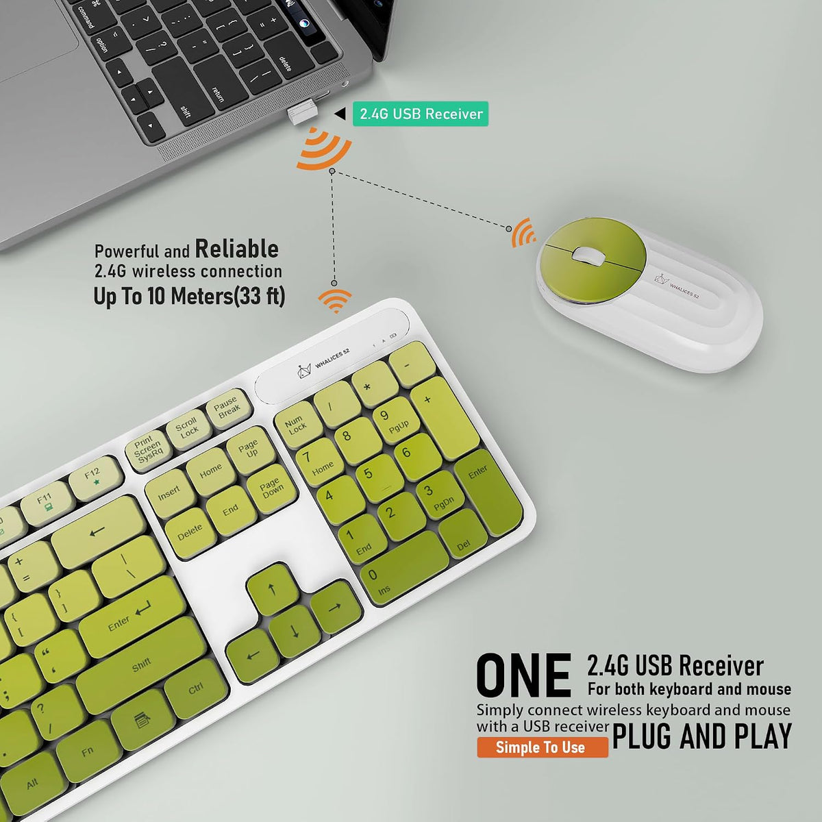 Wireless Keyboard and Mouse Combo, Rechargeable - Green