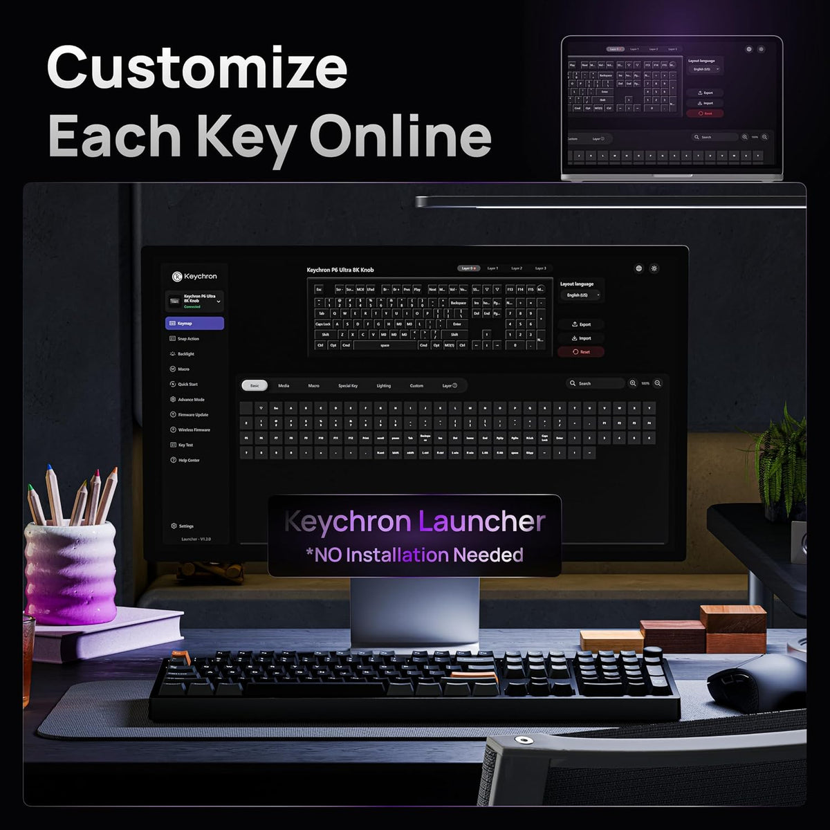 Keychron P6 Ultra 8K Polling Rate Full-Size Aluminum Wireless Mechanical Keyboard, 2.4 GHz/Bluetooth/Wired Custom RGB, Hot-Swappable Silk POM Red Switch for Mac Windows Linux - Black