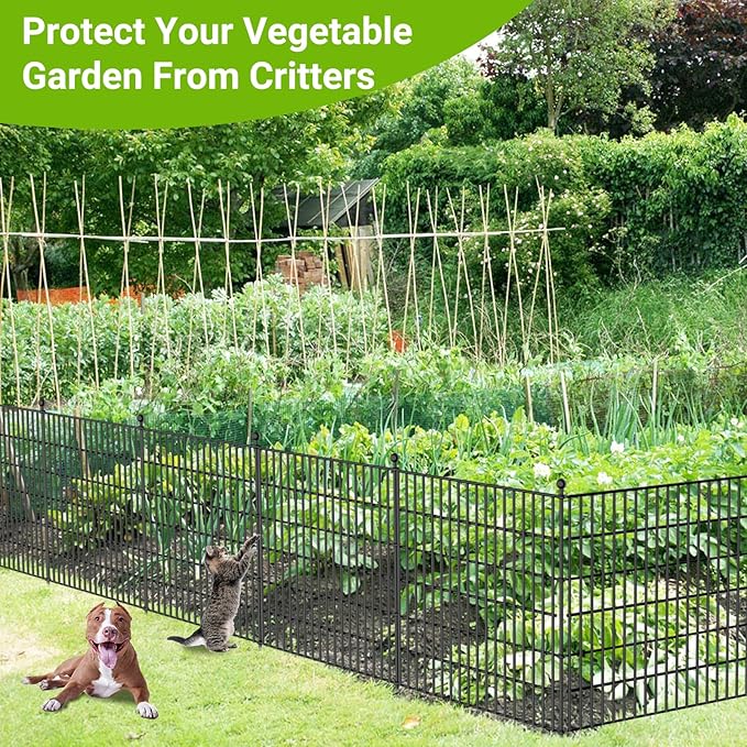 10 Panels No Dig Decorative Outdoor Garden Fence with Gate for Yard, 32 in(H) X 23.6 ft(L) Animal Barrier Fencing Rustproof Metal Wire Panel Border for Dog, Rabbits, and Patio Temporary Ground Stakes