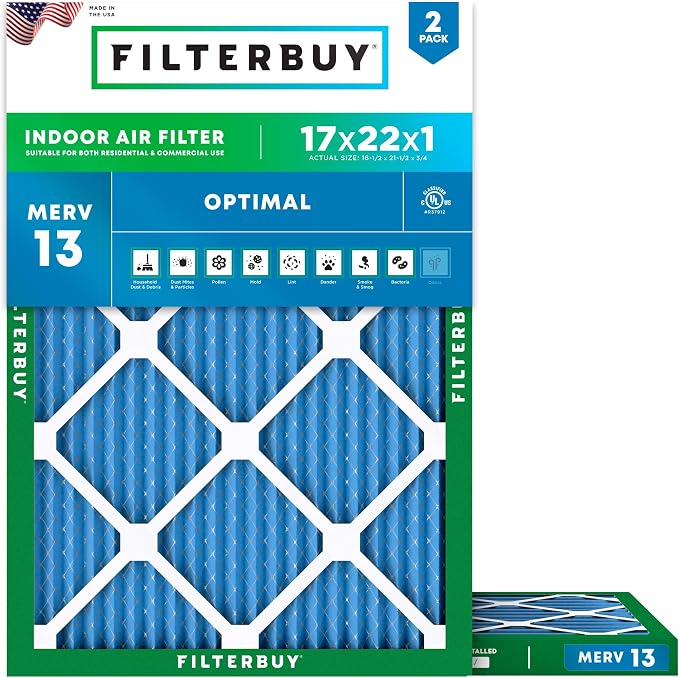 Filterbuy 17x22x1 Air Filter MERV 13 Optimal Smoke & Allergy Defense,