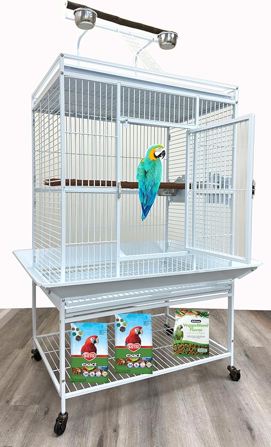 X-Large 32" Lx23 Wx69 H Deluxe Wrought Iron Bird Parrot Cage Top Play Ground Walk Ladder Stainless Cups Include Seed Guard Large Storage Shelf Heavy Duty Rolling Lockable Wheels