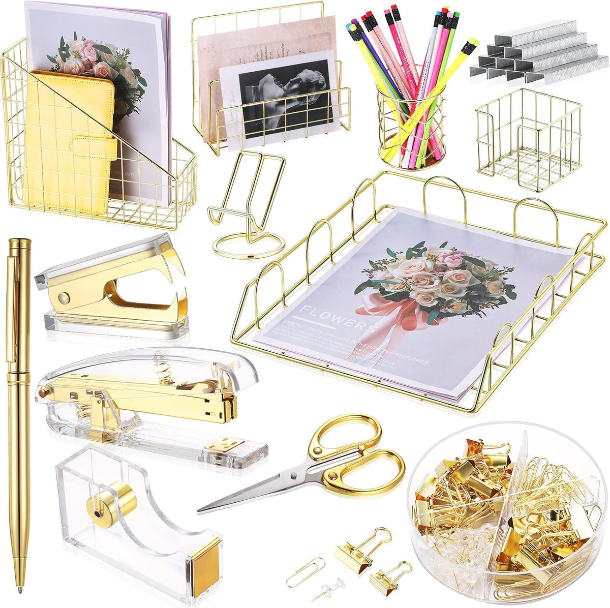 Yaomiao 13 Pcs Desk Accessories Set Organizer Office Supplies, Gold