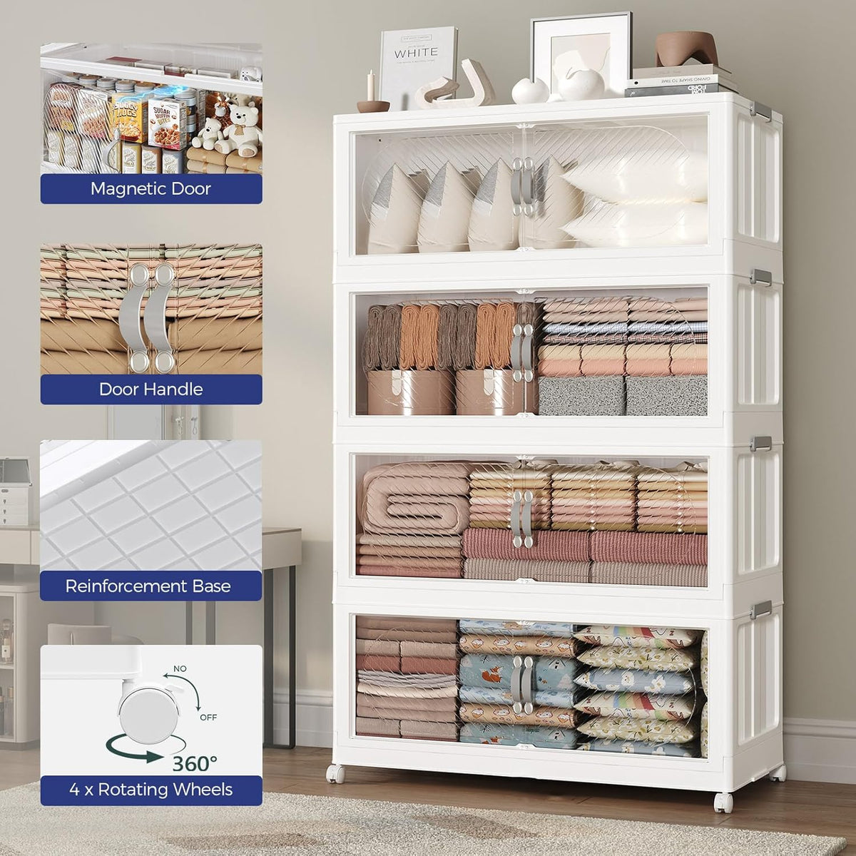 200Gal/800QT 5-Tiers Extra Large Stackable Storage Bins with Lid, Collapsible Cabinet Closet Organizer Plastic Container Box with Wheels Doors Drawers for Living Room Kitchen Office, White