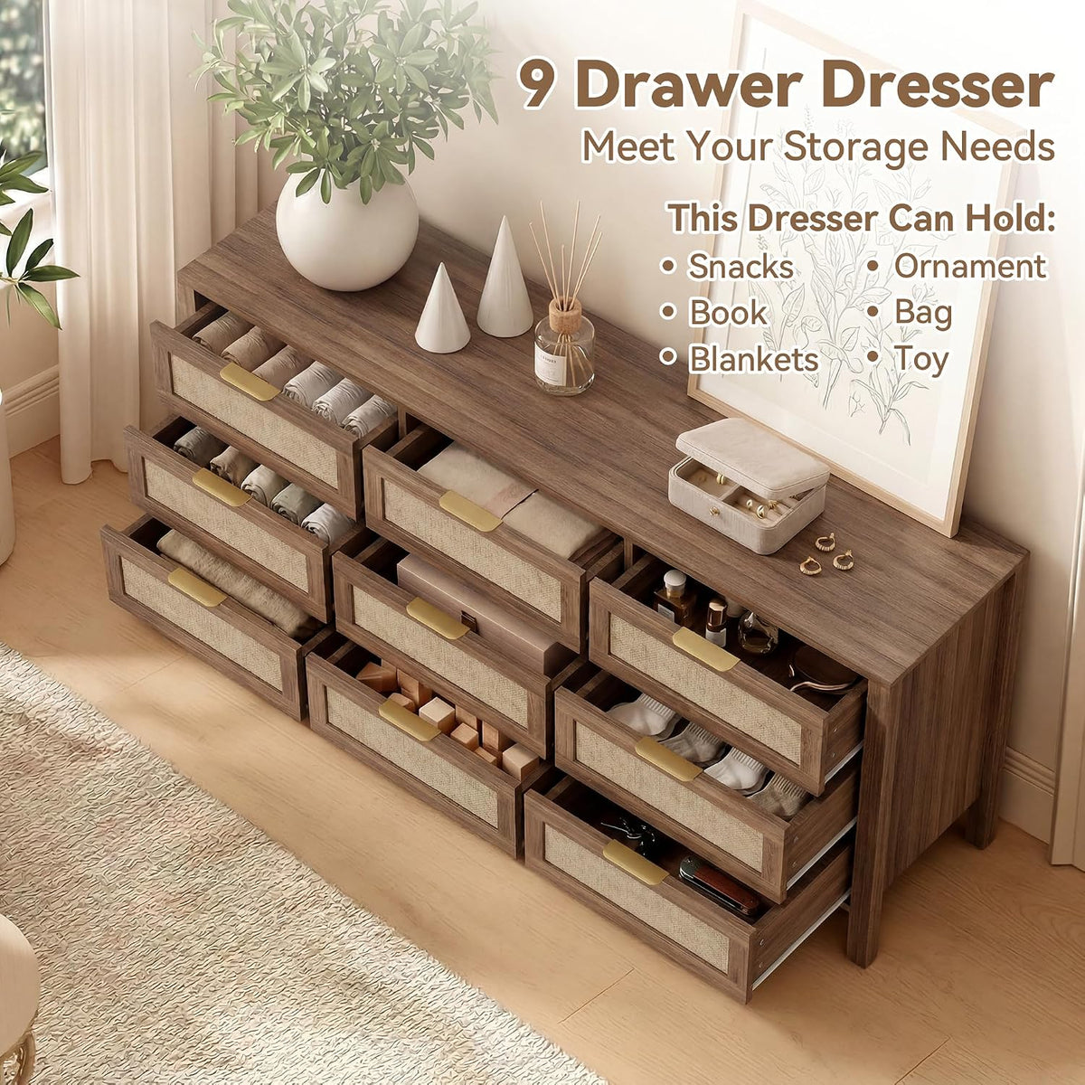 9 Drawer Double Dresser,Wood Dresser,Modern Wooden Storage Cabinet,Chest of Drawers for Bedroom, Living Room, Entryway (Brown-9 Drawer)