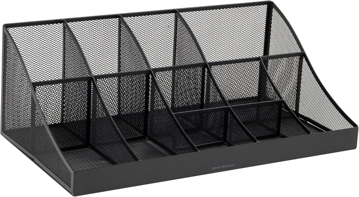 Mind Reader Countertop Organizer, 2 Tier Mesh Storage Caddy with 11 Compartments for Office Supplies, Breakroom Essentials, and Snacks