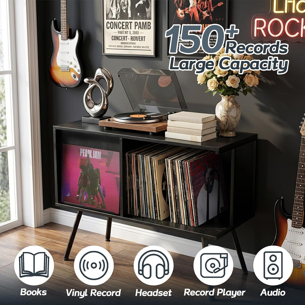 Faesun Record Player Stand with Flip-Down Record Shelf, Black