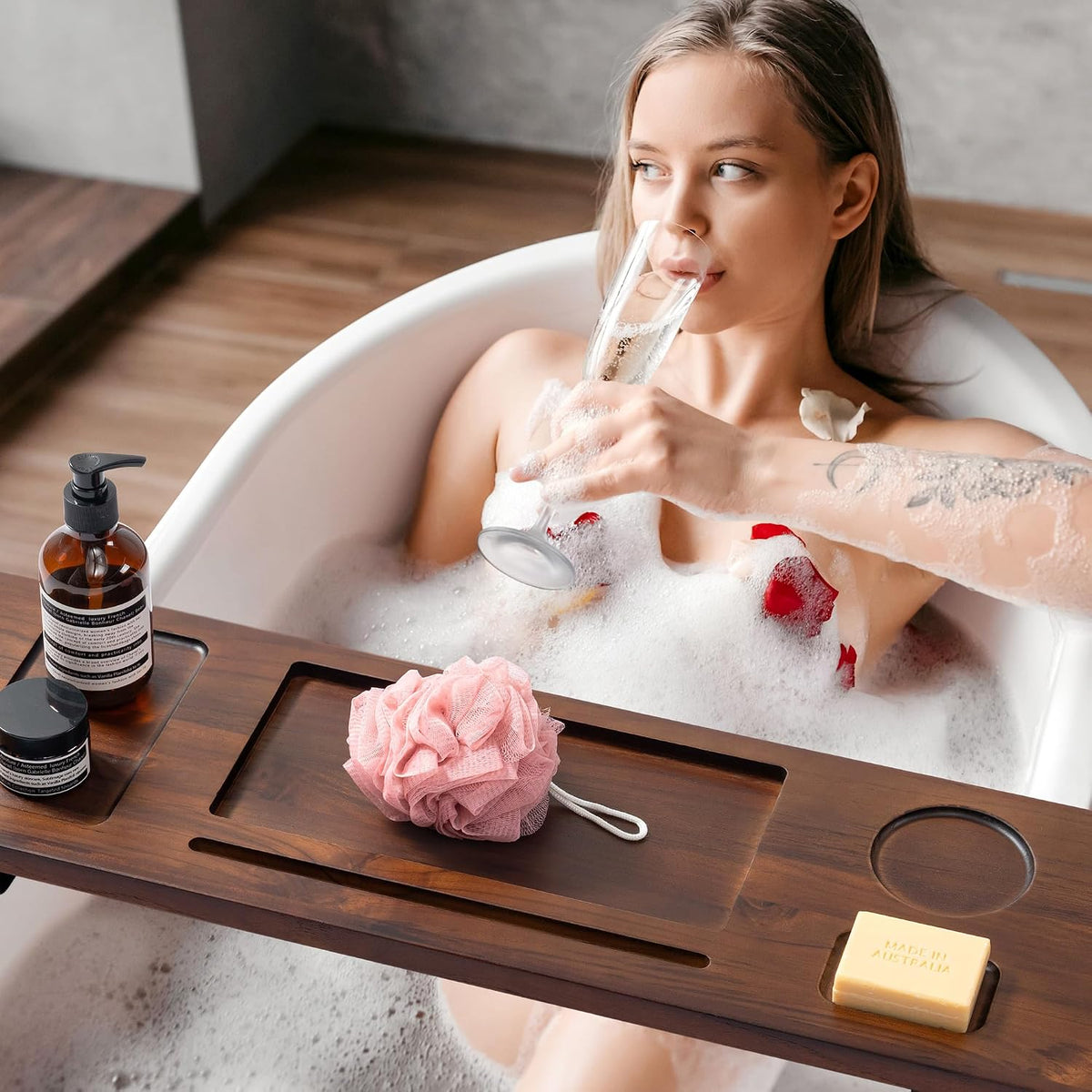 35 Inch Teak Bathtub Tray for Freestanding Tubs, Luxury Bath Caddy