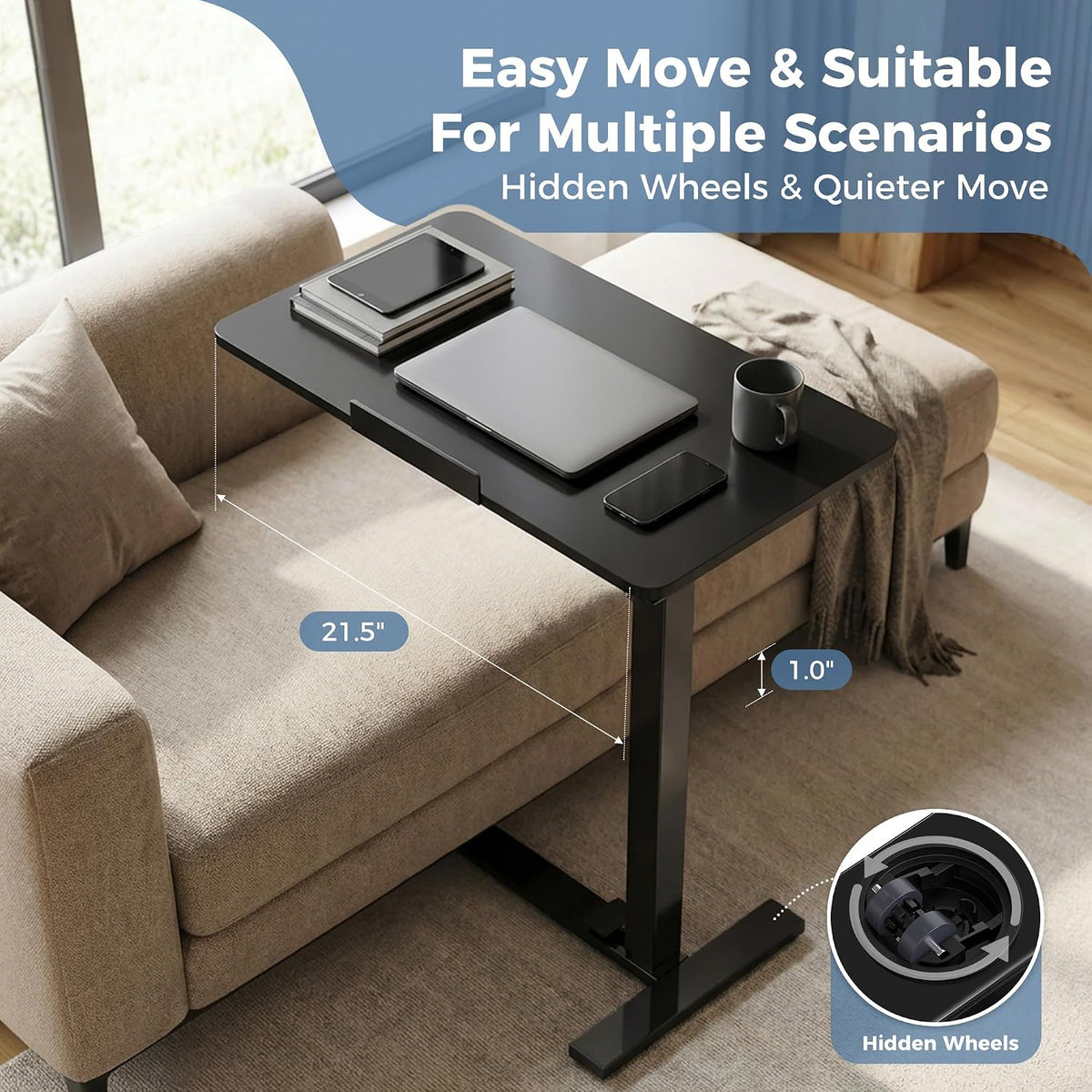 DUMOS Overbed Table with Wheels, Height-Adjustable Bedside Table, Black