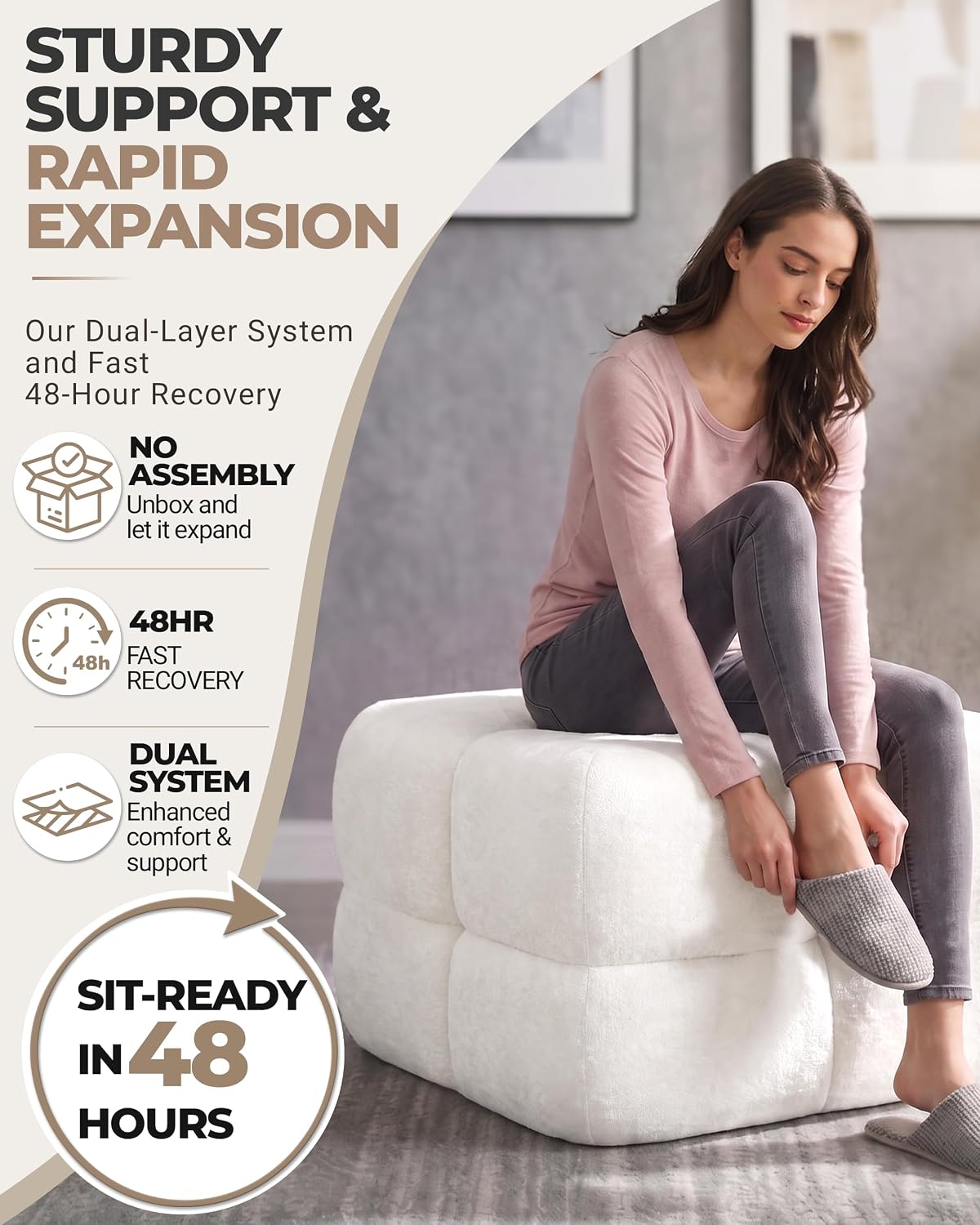Bubble Chenille Ottoman, Foot Rest Stool for Couch, Beige