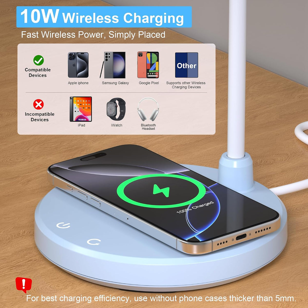 LED Desk Lamp for Home Office with Wireless Charger, Blue