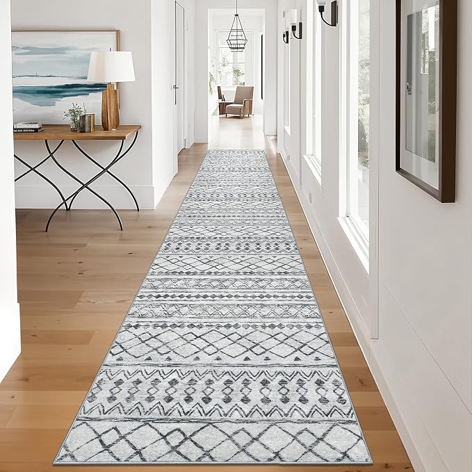 KUTA Hallway Runner Rug 2.6x12 Non-Slip Washable, Moroccan Vintage Beige Boho