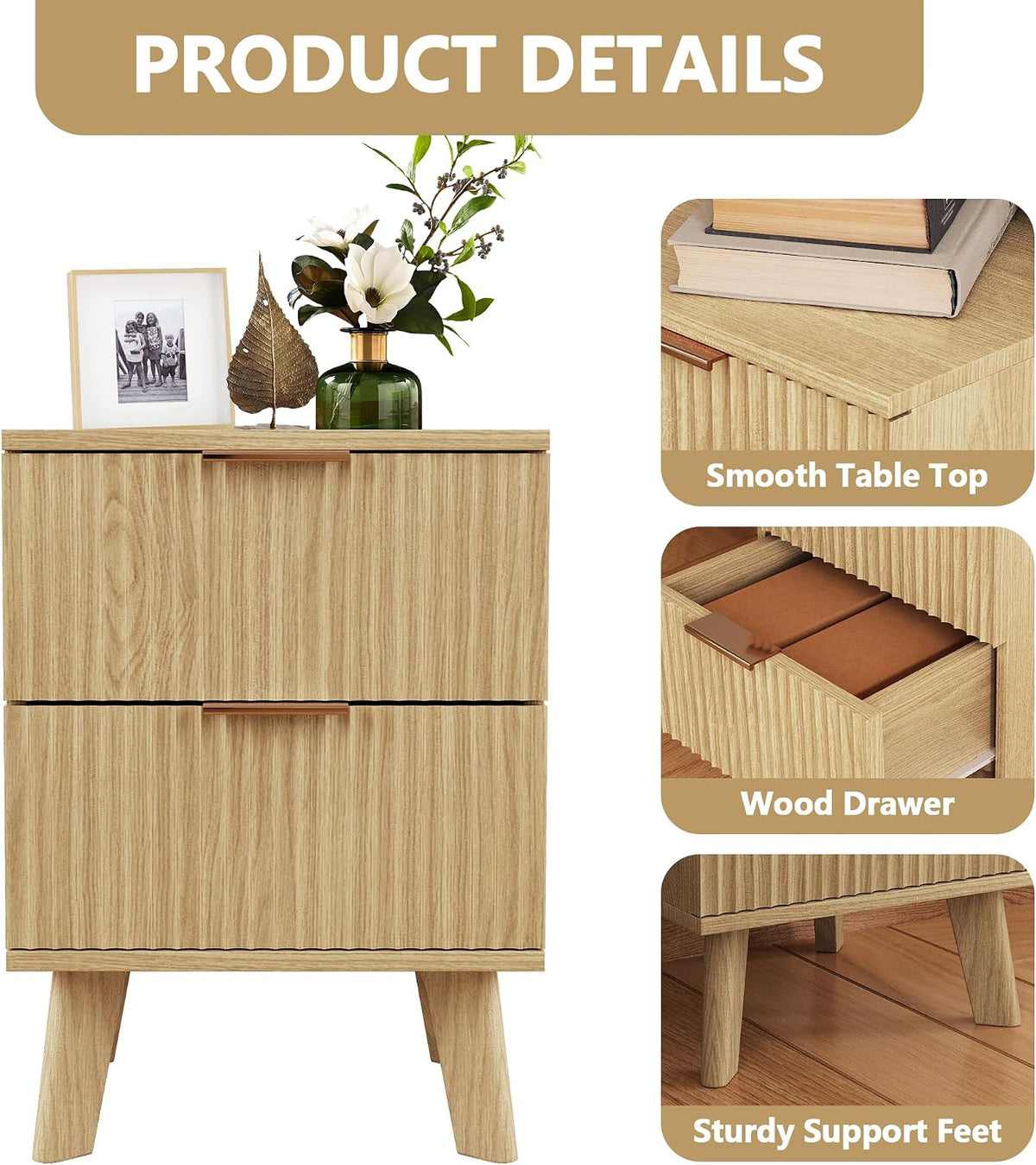 XUZENEST Fluted Nightstand, Mid Century Modern 2 Drawer Bedside Table for Bedroom, Small Dresser Night Stand Side End Table with Wood Fluted Drawer Storage for Bedroom Closet(Natural)