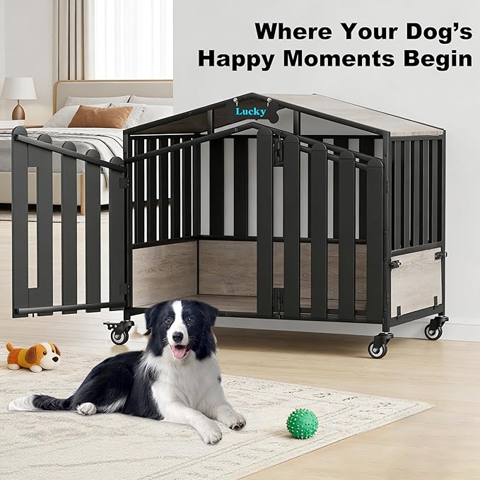 EasyCom 41“ Heavy Duty Dog Crate Furniture, Dogs Kennel Indoor with 360° Wheels, Decorative Dog Kennels for Medium Dogs, Dog Crate with Feeding Window and Name Tag, Dog House, Oak Grey