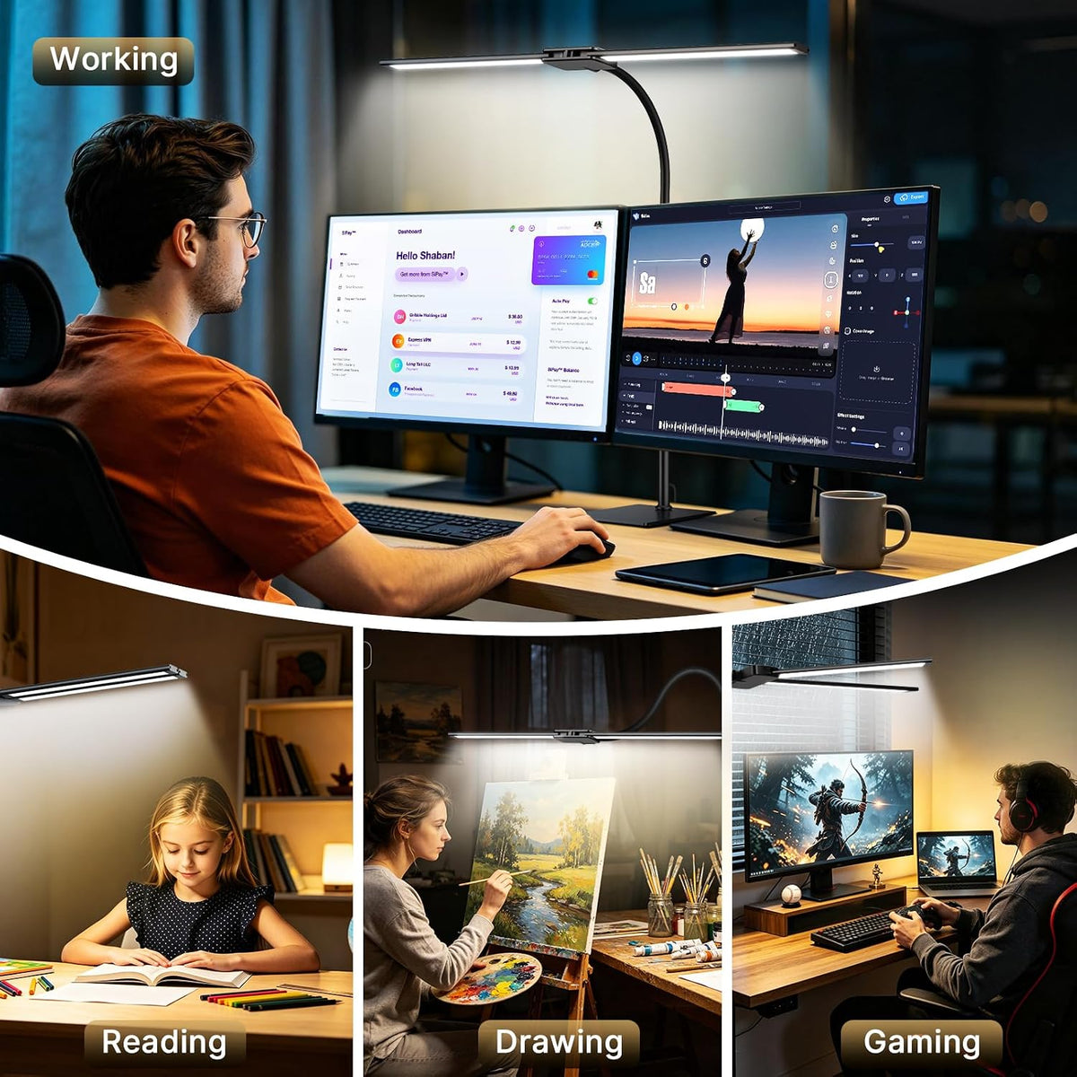 Syrinx LED Desk Lamp for Home Office, 18W 2000LM Dimmable Light, Black