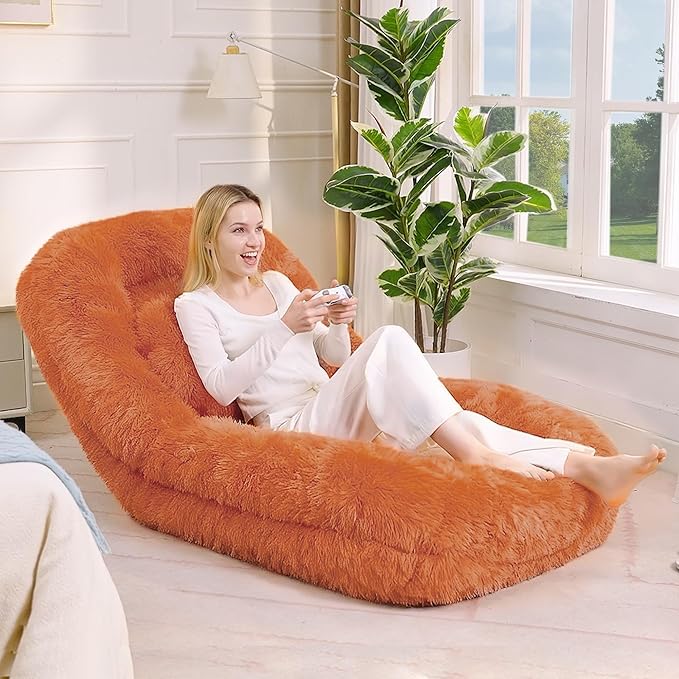Orange Foldable Human Dog Bed - 69"x35"x12" Fits You & Pets with Comfy Pillow, Washable Faux Fur, Oversized Lounger Lazy Sofa Beds with 5 Adjustable Position