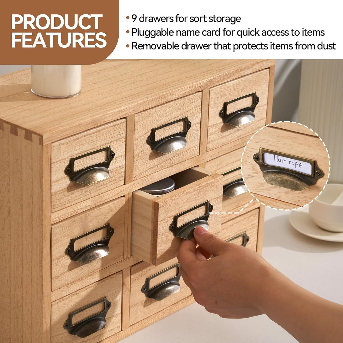 KIRIGEN Wooden Desk Organizer with 9 Drawers, Storage Cabinet, Natural