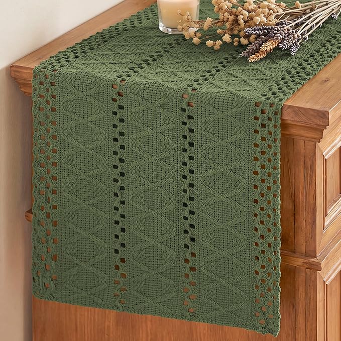 Artoid Mode Army Green Woven Farmhouse Hollow Table Runner 12x60 Inch | Holiday