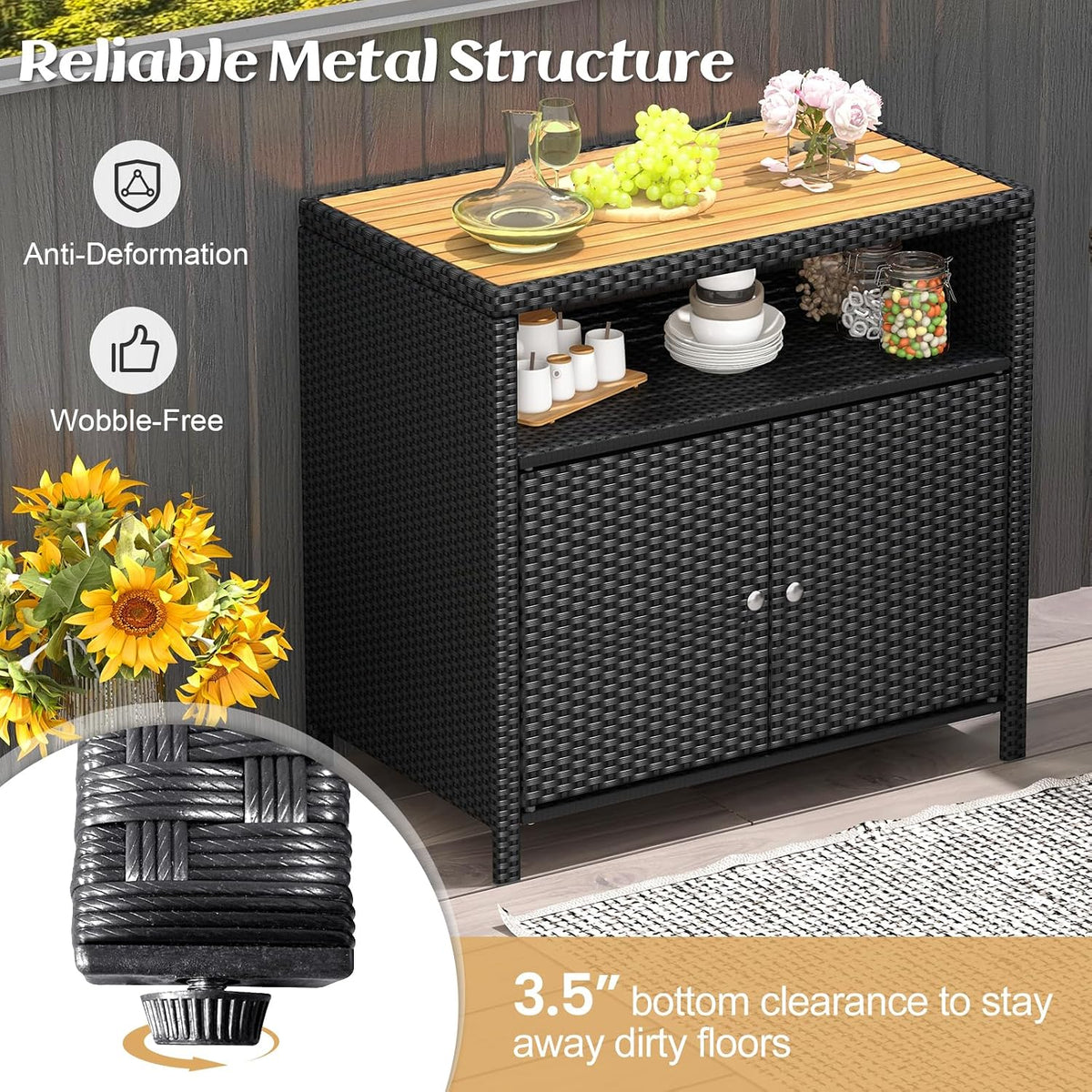 RELAX4LIFE Wicker Outdoor Bar Cabinet - PE Rattan Patio Bar Table