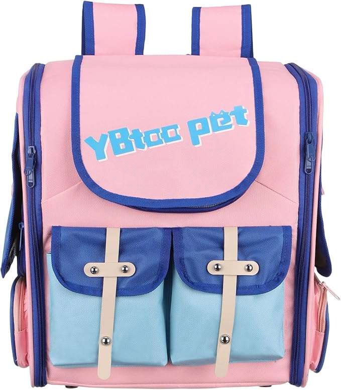 Pet Backpack Carrier, Portable and Ventilated, Oxford Cloth, Dogs Cats and Small Animals Travel Bag 13.39", (Pink, Blue, 1 Pcs), Intended for Hiking/Camping/Traveling