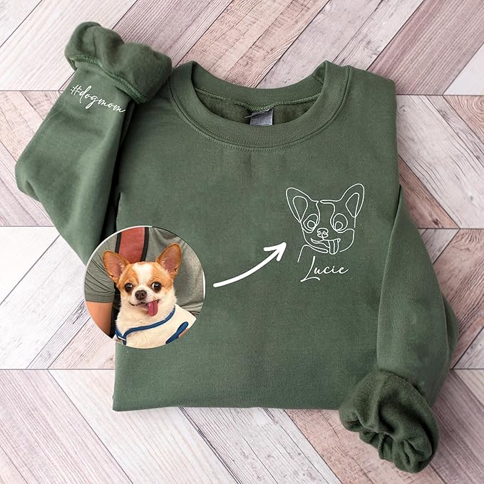 DILYPOD Personalized Embroidered Dog Mom Sweatshirt, Custom Line Art Portrait Dog Sweatshirt, Pet Name Sweatshirts Women, Dogs Mom Hoodie, Customized Pet Lover Gifts, Mothers Day Christmas Birthday