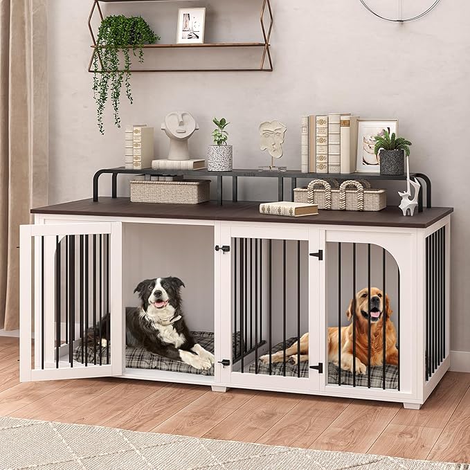 Large Dog Kennel Furniture for 2 Dogs,74.8'' XXL Wooden Double Dog Crates Cage Furniture Style with Divider for Large Breed with Storage Rack Shelf TV Stand Table Indoor,White