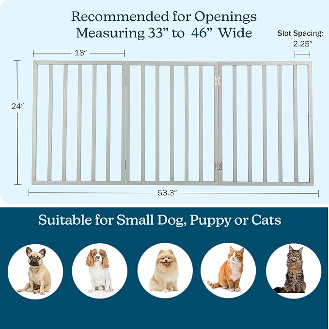 Pet Gate - 3-Panel Indoor Foldable Dog Fence for Stairs, Hallways, or Doorways - 54x24-Inch Retractable Wood Freestanding Dog Gates by PETMAKER (Gray)