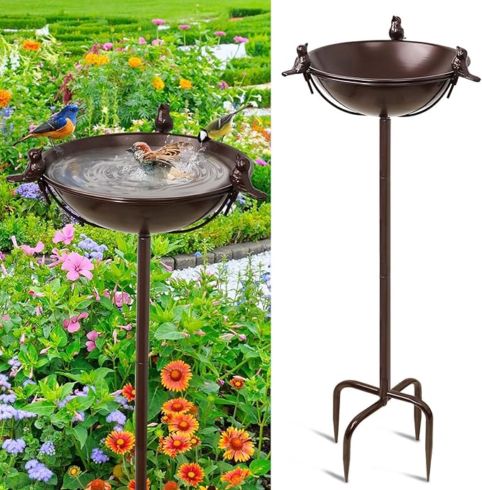 Freestanding Birdbaths Bowl Outdoor, Standing Garden Bird Bath Feeder Bowl with 3 Bird Statues, Birdbath & Birdfeeder with Metal Stake Garden Yard Lawn Decor (Brown)