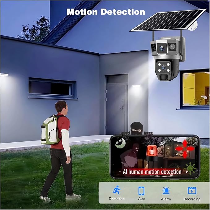 for Outdoor Camera Battery CCTV Monitor 4G SIM Card Network IP Security Pet Camera Motion Detection 3 Screen PTZ Camera(WiFi CCTV 64G Card)