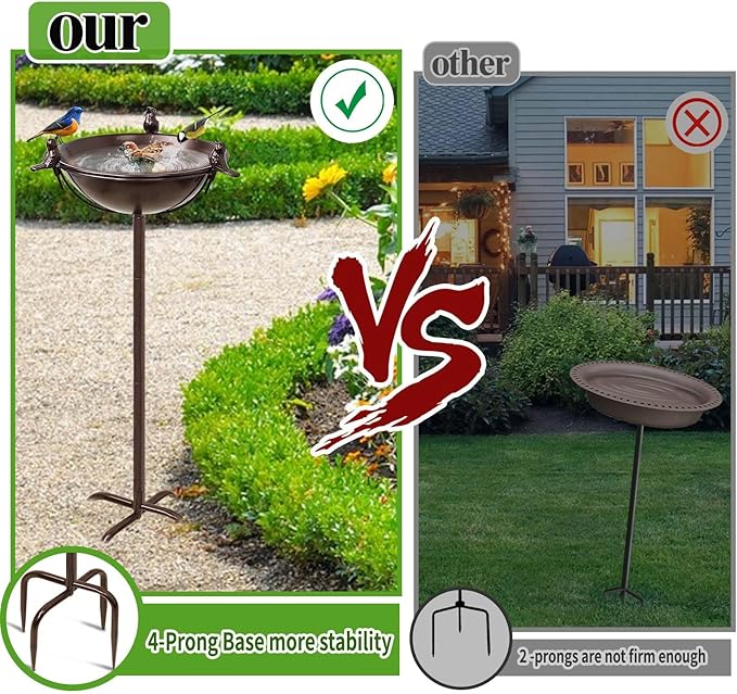 Freestanding Birdbaths Bowl Outdoor, Standing Garden Bird Bath Feeder Bowl with 3 Bird Statues, Birdbath & Birdfeeder with Metal Stake Garden Yard Lawn Decor (Brown)