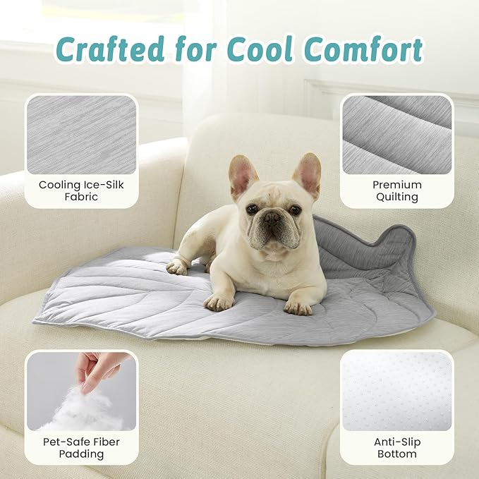 Dog Cooling Mat, Q-Max > 0.4 Leaf Shaped Pet Pad, Liquid Pee Proof Summer Mat for Cats, Washable Sleep Blanket for Bed Couch Floor Indoor, 33x28 inch, Silver Grey