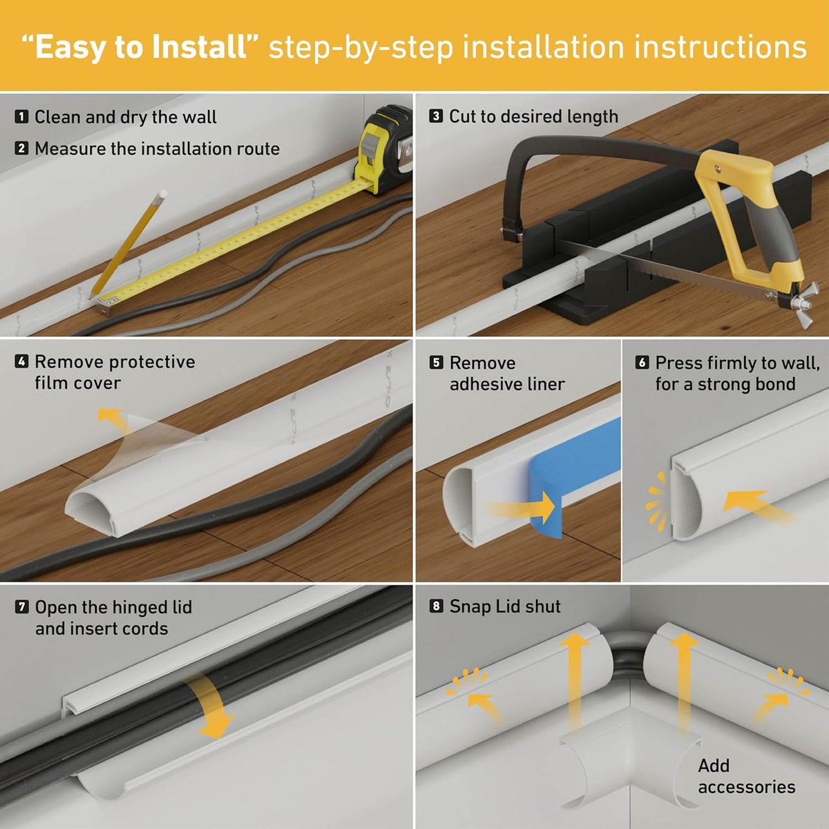 D-Line Half Round Cord Hider, Patented Cable Cover, Hide TV Wall Mount Wires, Raceway for Cords, Decorative Wire Covers, Paintable, Adhesive Cable Concealer, 2X 2in W x 1in H x 39in L, White