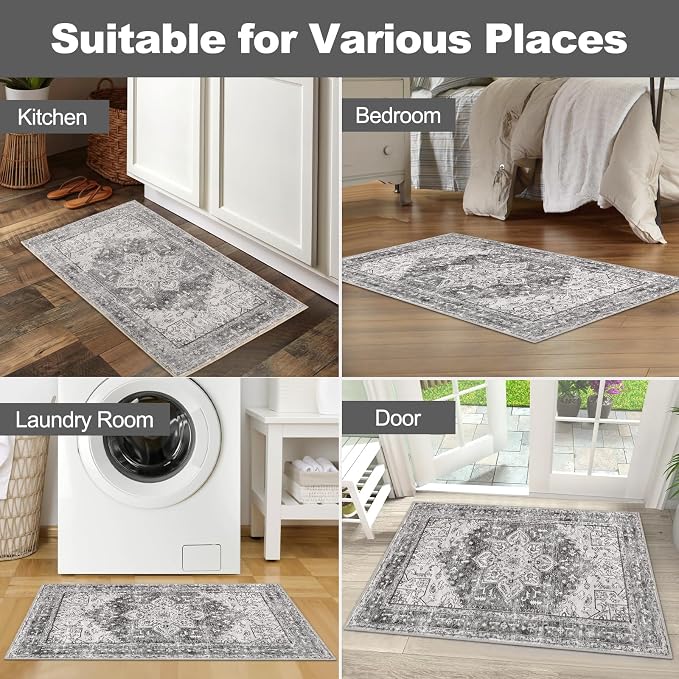 Yamaziot Washable Area Rug, 2x3 Small Entryway Rug Non-Slip Boho Vintage Rug