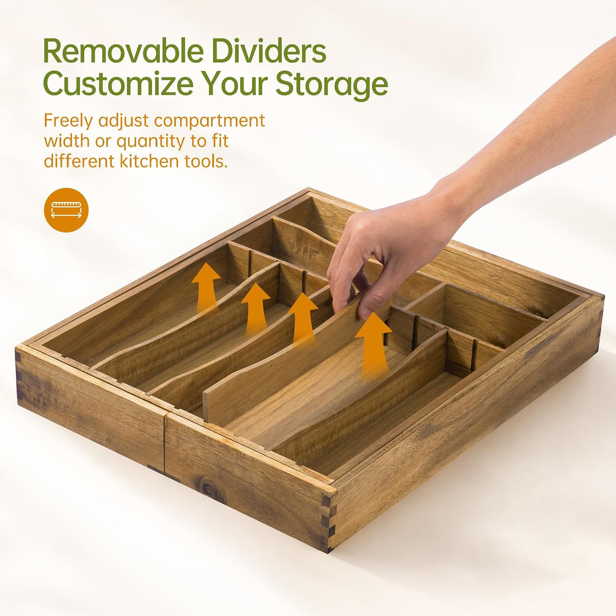 Acacia Expandable Silverware Drawer Organizer, Removable Knife Block