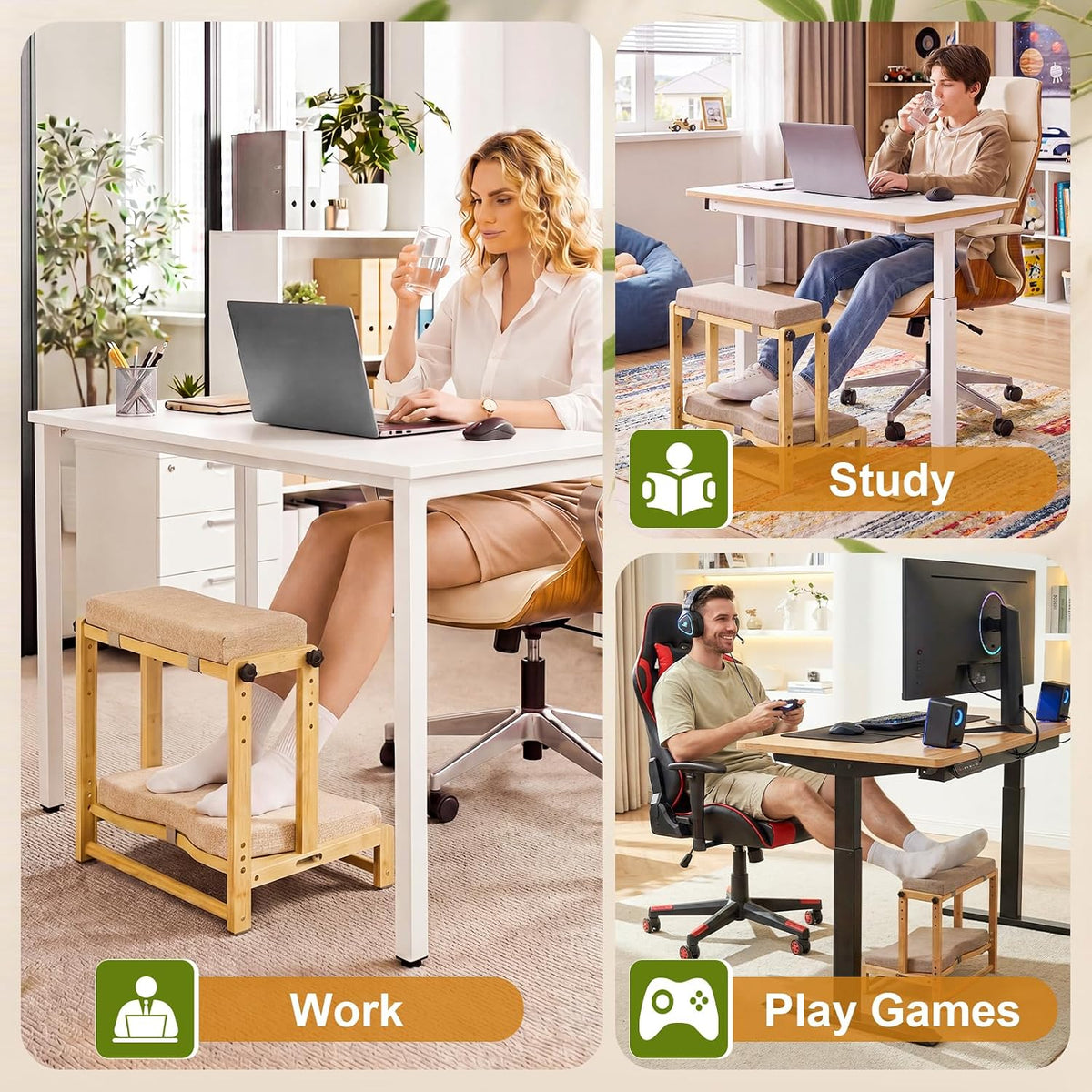 Adjustable Wooden Under Desk Footrest, Ergonomic Double Step Desk Foot Stool with Removable Cushion,Adjustable 4 Heights Leg Rest, Wide Foot Rest Under Desk Ideal for Office, Gaming, and Study