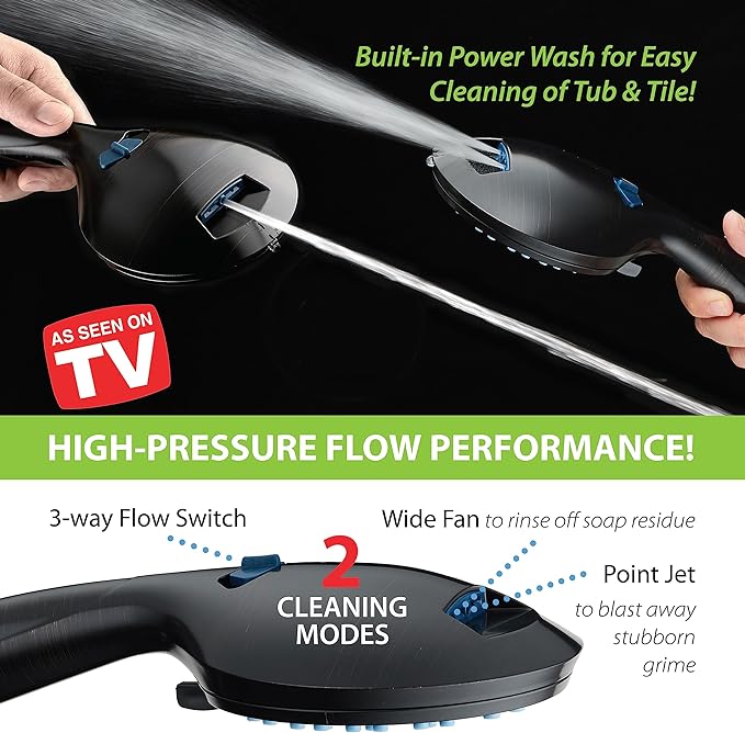 Hotel Spa AquaCare High Pressure 8-mode Handheld Shower Head, Anti-clog Nozzles - Built-in Power Wash to Clean Tub, Tile & Pets, Extra Long 6 ft. Stainless Steel Hose, Wall & Overhead Brackets
