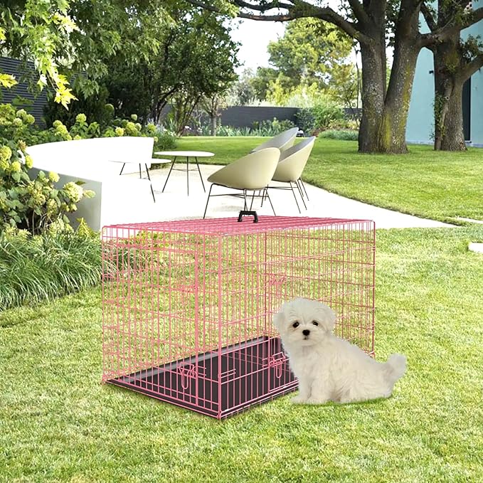 PayLessHere Small Dog Crate Kennel 24 inches Metal Dog Cage Double-Door Folding Travel Indoor Outdoor Puppy Playpen with Divider and Handle Plastic Tray,Pink
