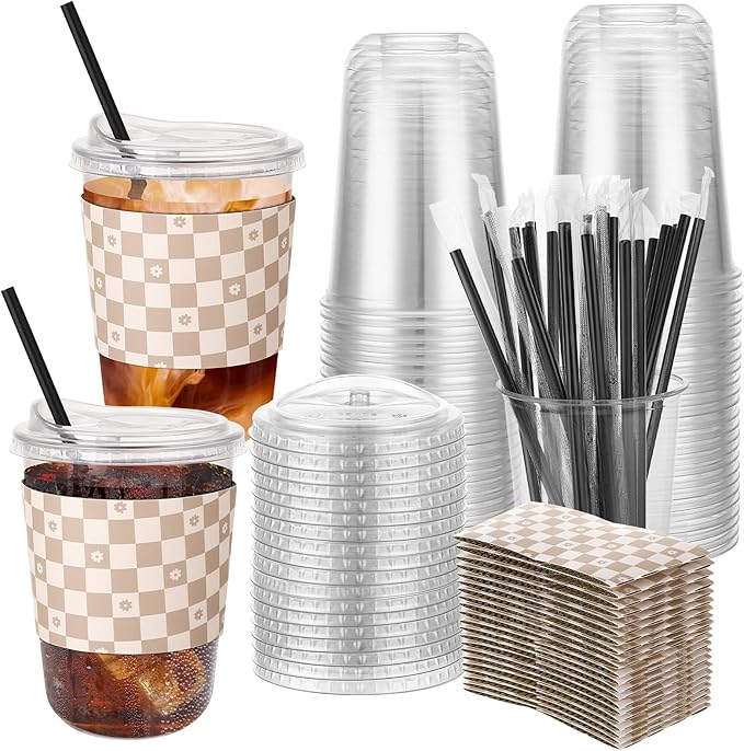 50 Sets 16 Oz Clear Plastic Coffee Cups