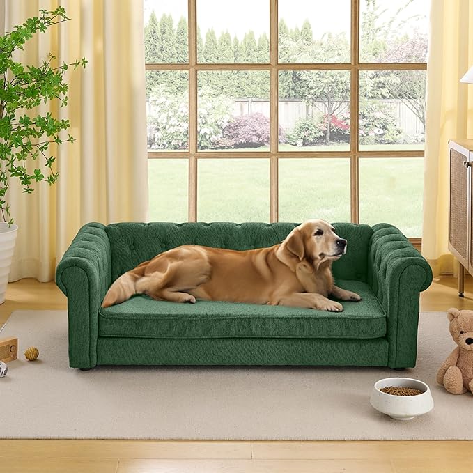 Dog Sofa Couch for Medium and Large Dogs, Memory Foam Dog Sofa Couch with Washable Fabric, Durable Elevated Pet Bed with Legs, Removable Cushion for Medium to Large Dogs, Green