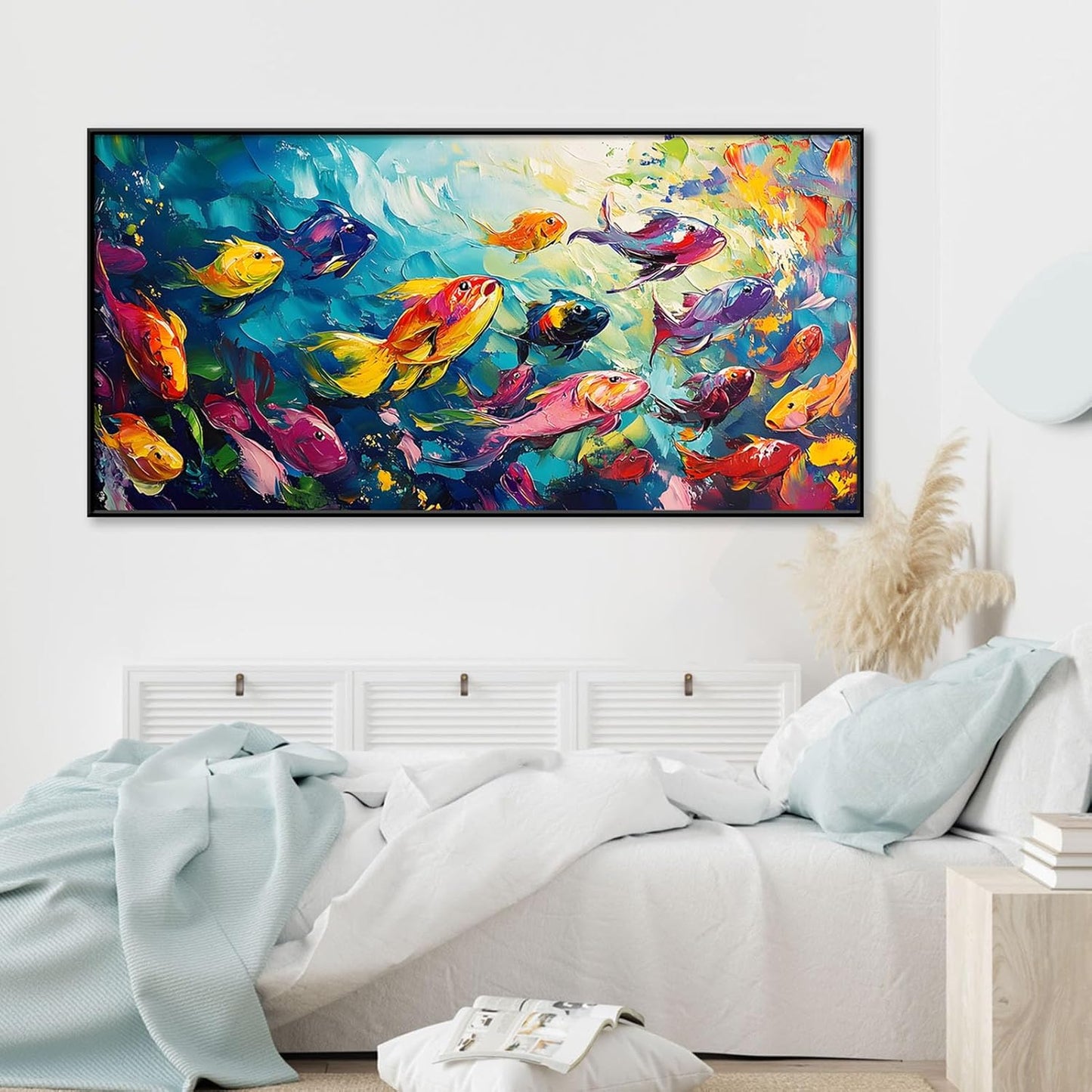 School of Fish Printed Canvas Wall Art – Framed Abstract Ocean Print – Vibrant Fish Wall Decor for Living Room, Bedroom, Office (Black Framed, 55"x27"|140x70cm)