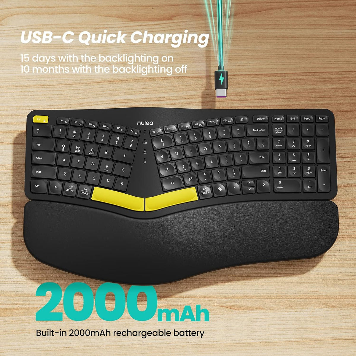 Nulea Ergonomic Split Keyboard Wireless with Wrist Rest 7 Color Backlight