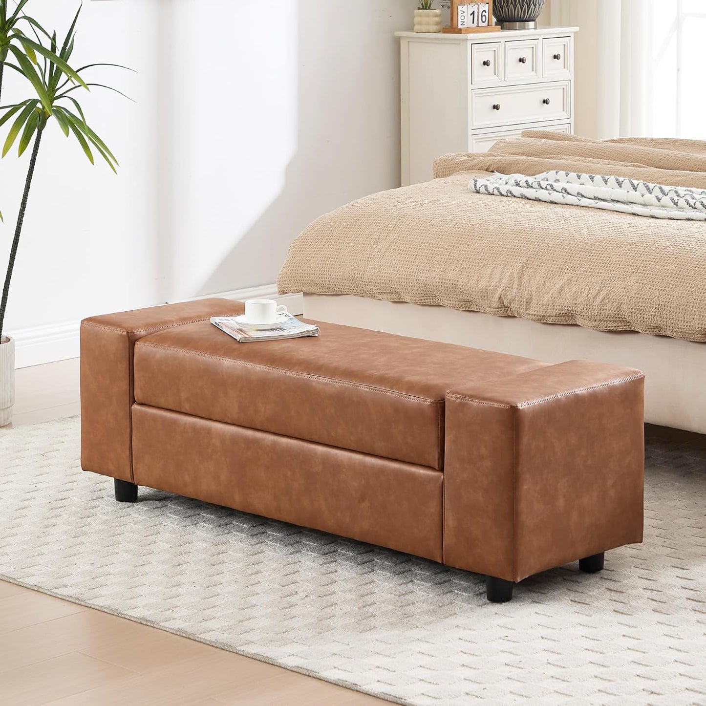 55" End of Bed Storage Bench Ottoman for Bedroom, Faux Leather Upholstered Entryway Bench Long Window Seating for Corner/Living Room/Recption Room/Office/Shop, Brown