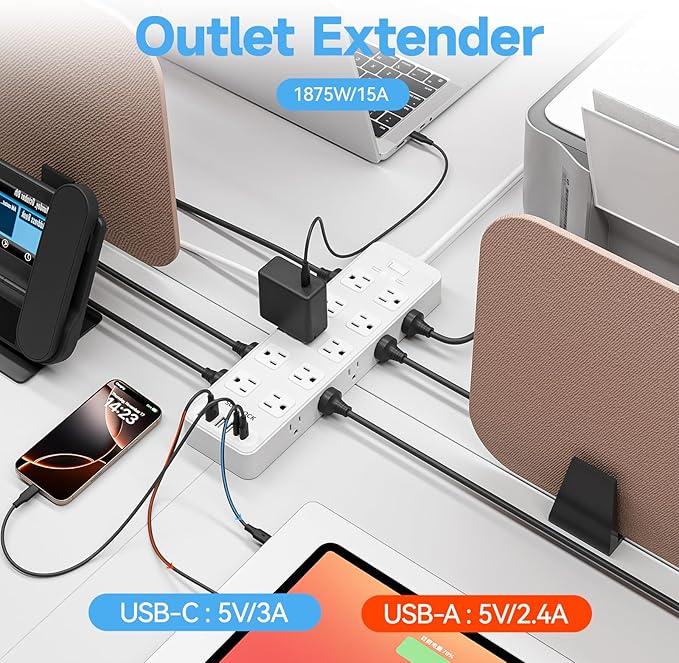 Power Strip Surge Protector Flat Plug with 20 AC Outlets 6 USB Chagring Ports, 1875W/15A, 2700J, 10 Ft Heavy Duty Extension Cord for Home, Office, Dorm, Gaming,ETL Listed (White, 10FT)