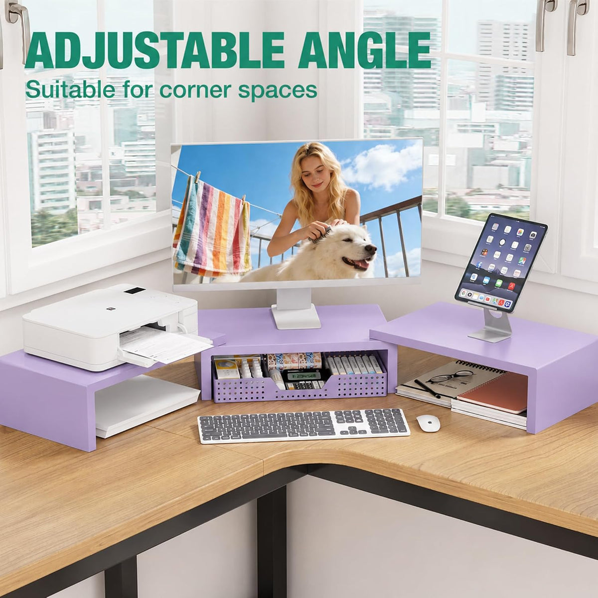 OPNICE Dual Computer Monitor Stand Riser, Desk Organizer with Drawer, Office Desk Accessories & Workspace Organizers for Home Office Supplies, Purple