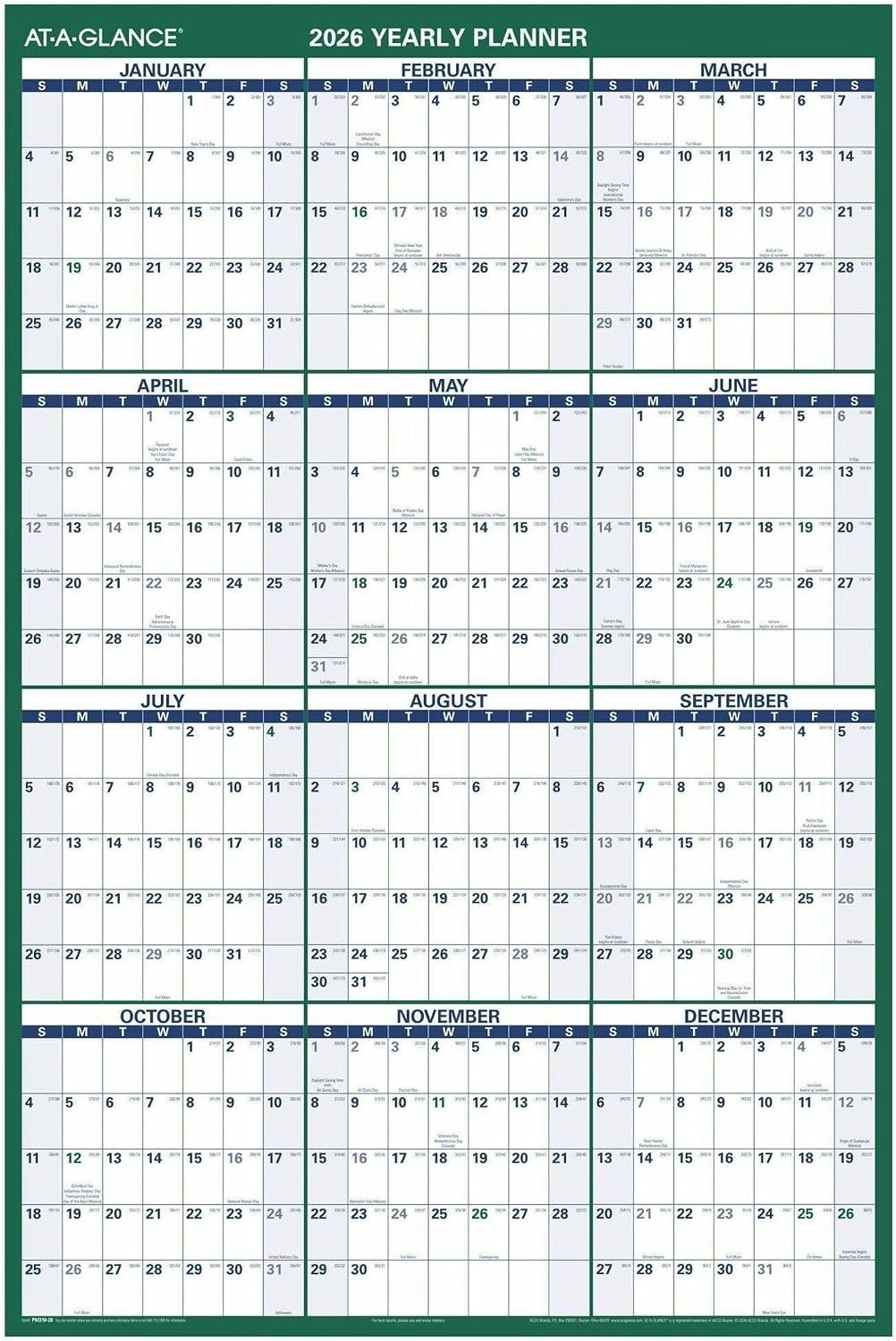 AT-A-GLANCE 2026 Erasable Calendar, Dry Erase Wall Planner, 32" x 48", Extra Large, Vertical, Reversible (PM3102826)