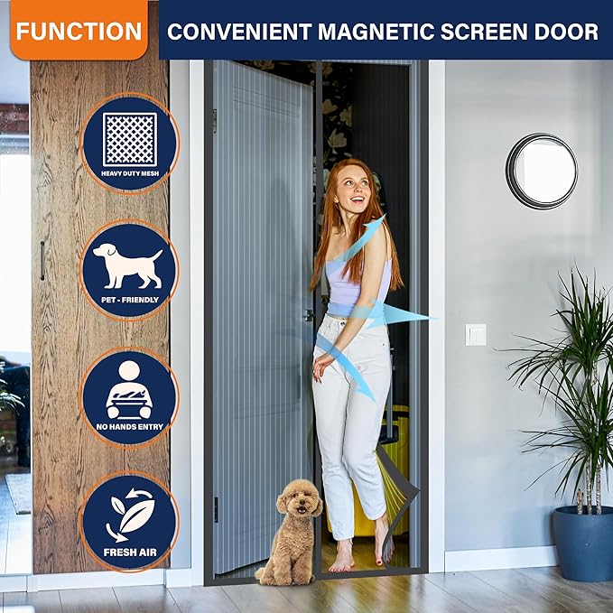 Magnetic Screen Door，Screen Door Mesh，Keep Bugs Out, Heavy-Duty Mesh Curtain,Pet and Kid Friendly, Works with Front Doors, Sliding Doors（36 x 80 Inches Gray