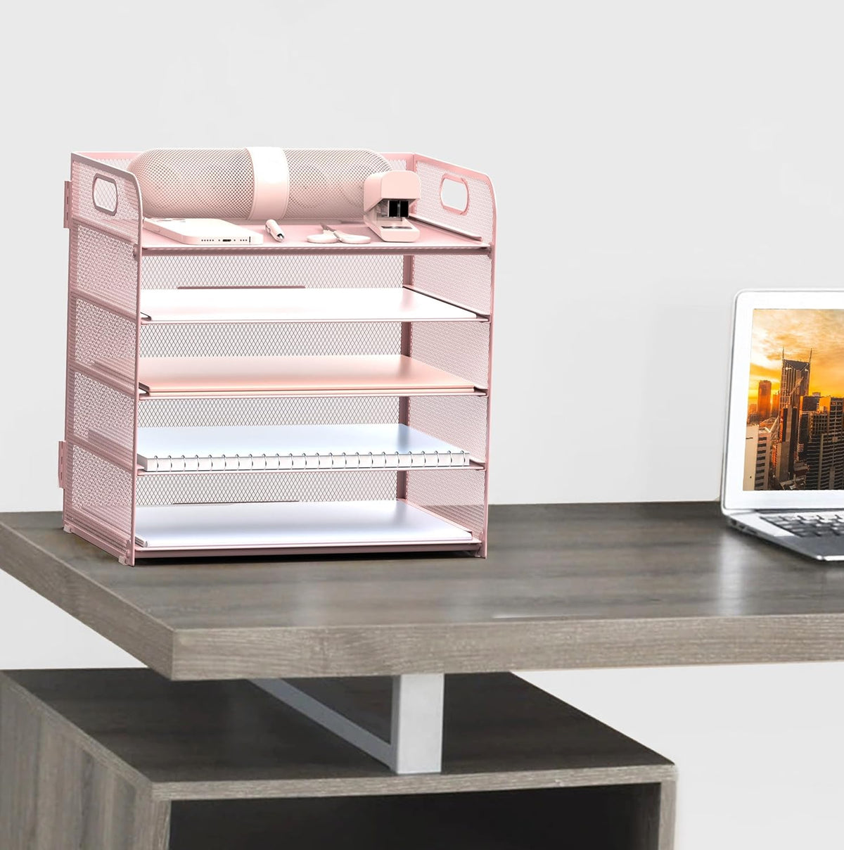 Sinboun Letter Tray Paper Organizer 5-Tier Desk Organizer File Organizer Paper Holder with Handle, Metal Desktop Document Shelf Tray Office Classroom Organization - Pink, PK5CENGTISHOU