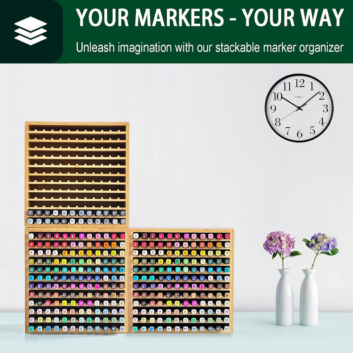 MinBoo Marker Organizer for 144 Markers, Bamboo Art Supply Storage Organizer Rack, Art Markers Pens Colored Pencils Paint Brushes Stationary Organizer Holder for Home Classroom Office Desk Decor
