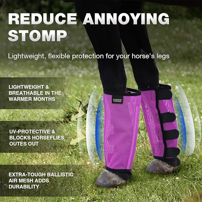 Harrison Howard Loose Fitting Fly Boots UV-Protective Extra Tough Mesh Ventilated Four Fasteners Stay-on Design Protect Horse Legs & Stomp-Reducing Set of 4 Purple Yearling